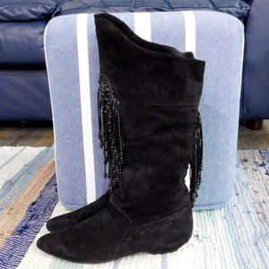 Caparros Suede Black Beaded Fringe Boots size 10 B Boho Western Fun 1" Heel